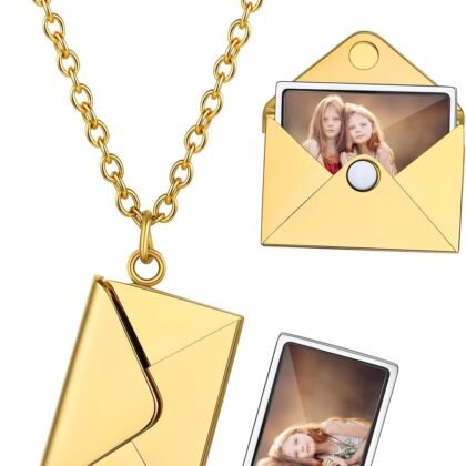 Custom4U Personalized Envelope Necklace with Picture Message Custom Love Letter Locket Necklace for Women Silver/Gold/Rose Gold/Black Birthday Mothers Day Photo Jewelry Gifts for Mom Wife (Gift Box)