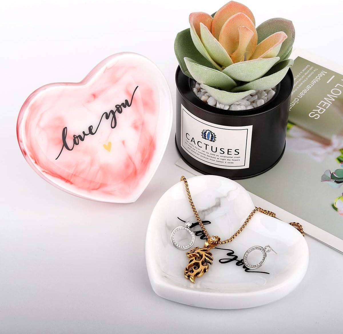 Emibele Jewelry Tray Dish, Heart Shaped Ring Dish Decorative Trinket Plate with Words - Love You Romantic Gifts for Her Mom Daughter Sister Best Friend, White Marble - Image 3