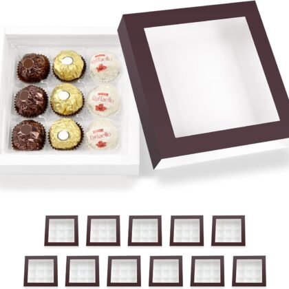 BAKIPACK 12 Truffle Boxes, Chocolates Box, Dark Brown Truffle Gift Packaging with 9-Piece Plastics Tray
