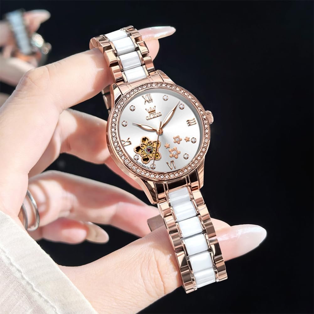 OLEVS Womens Watches Automatic Luxury Dress Ladies Watch Ceramic Strap Rose Gold Self Winding Female Wrist Watch - Image 7