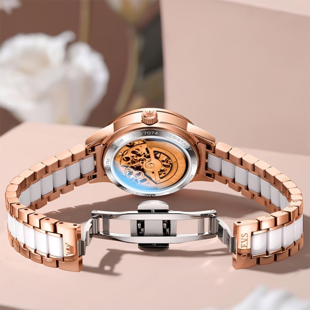 OLEVS Womens Watches Automatic Luxury Dress Ladies Watch Ceramic Strap Rose Gold Self Winding Female Wrist Watch - Image 3