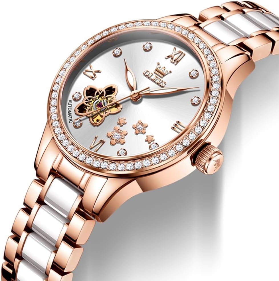 OLEVS Womens Watches Automatic Luxury Dress Ladies Watch Ceramic Strap Rose Gold Self Winding Female Wrist Watch - Image 8