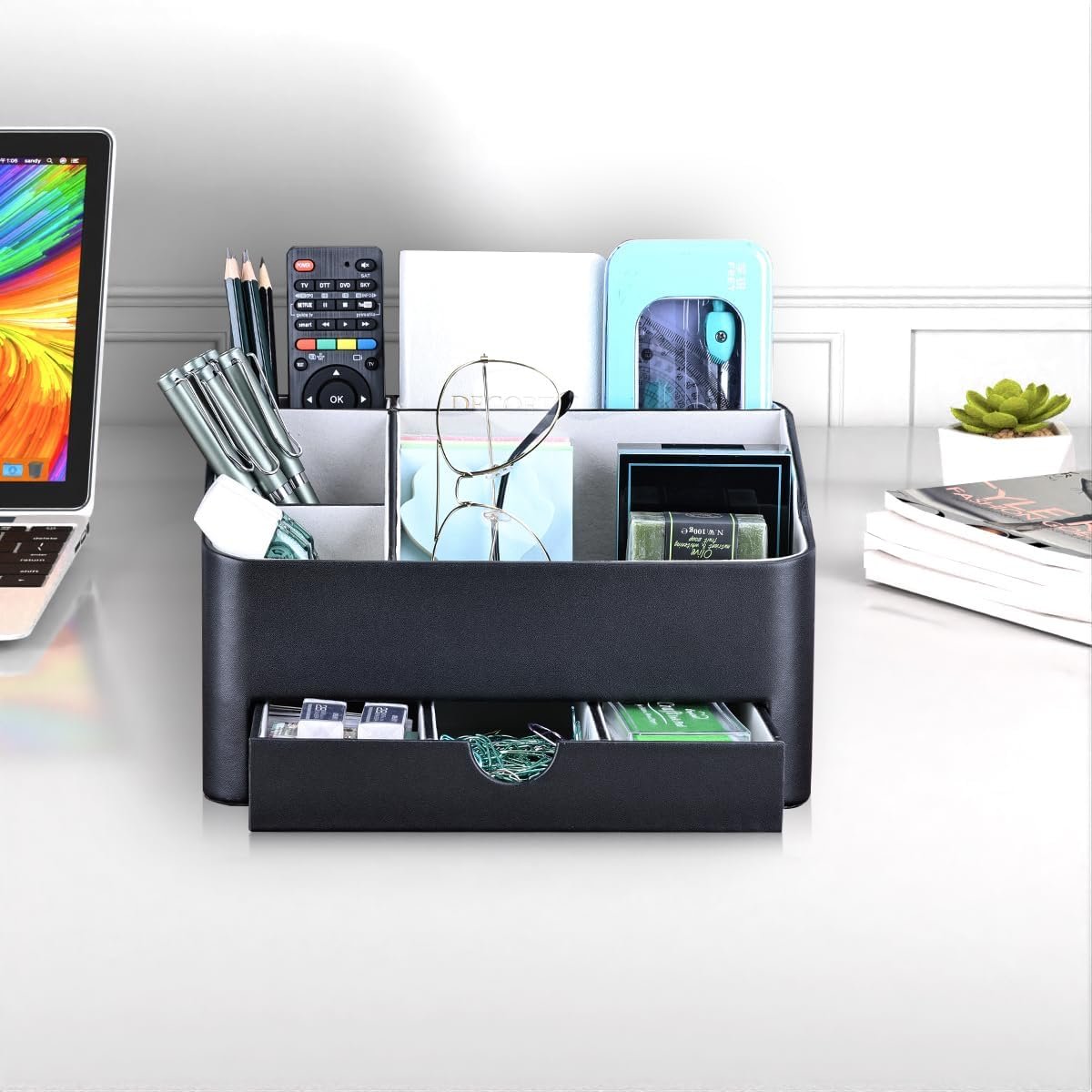 KINGFOM Desk Organizer with Drawer, Multifunction Pencil Holder for Desk, Desk Organizer and Accessories 5 Compartments for Home Office Supplies (Black) - Image 6