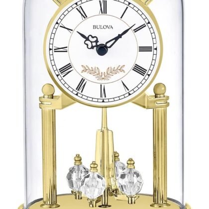 Bulova B8821 Heather Anniversary Clock | 9" Glass Dome Design | Rotating Crystal Pendulum | Westminster Chime | Engraving Plate