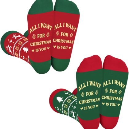 Funny Christmas Socks for Couples, His and Hers Christmas Gifts, Winter Warm Knitted Holiday Sock for Women Men, 2 Pairs Xmas Matching Socks White Elephant Gifts Stocking Stuffers