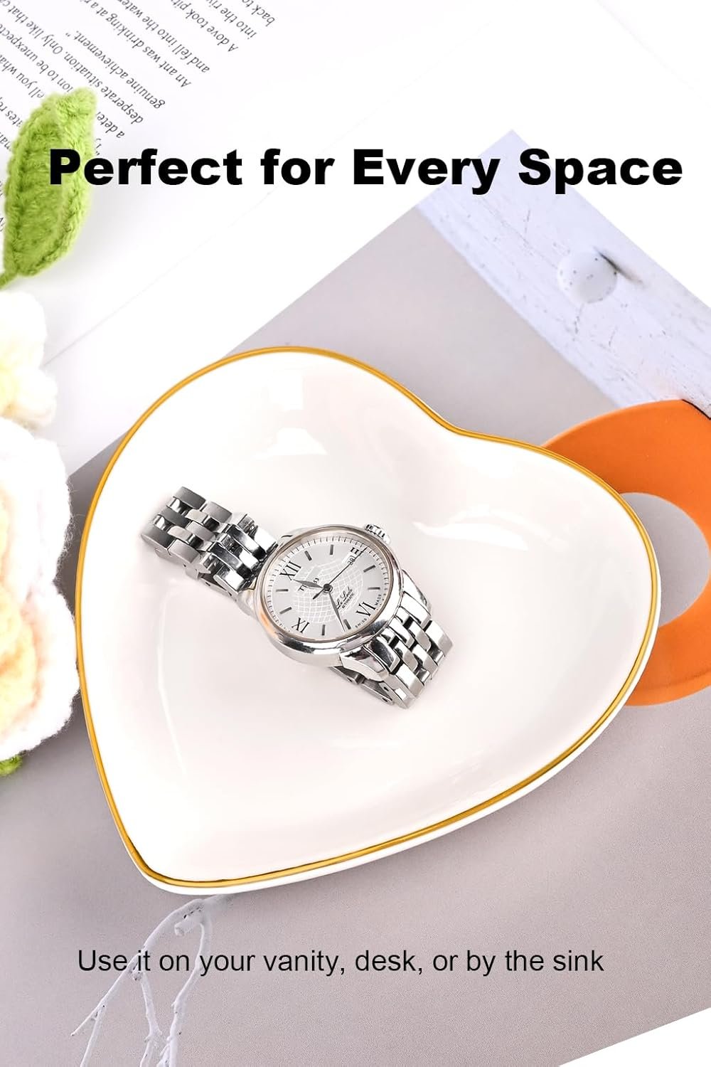 QUELIEN Trinket Dish Heart Shaped Ceramic Dish - Elegant White Jewelry Dish for Rings and Earrings, Heart Ring Tray with Gold Rim - Friendship Gift for Women, Perfect for Vanity, Sink, Nightstand Use - Image 2