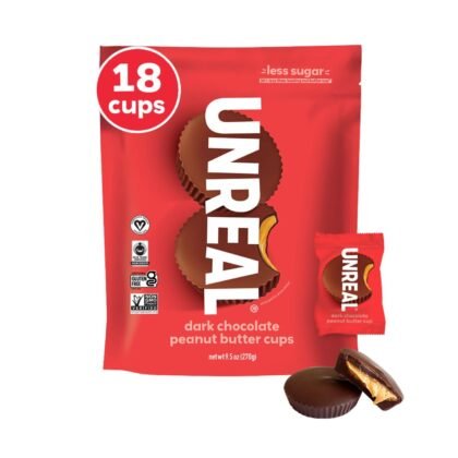 UNREAL Dark Chocolate Peanut Butter Cups (Value Size Bag) - Individually Wrapped, Low Sugar Chocolate, Snacks for Adults & Kids, Organic Ingredients, Certified Vegan, Gluten Free, Non-GMO (9.5oz)