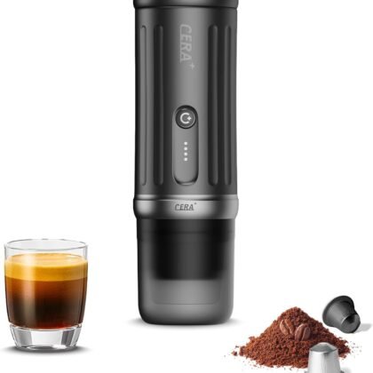 CERA+ Self-Heating Portable Espresso Machine,Up to 8 Cups per Charge & 20 Bar, 3 * 4500mAh, CERApresso Works with NS Capsules & Grounds, Electric Coffee Maker for Camping,Hiking,Office,Car,Travel