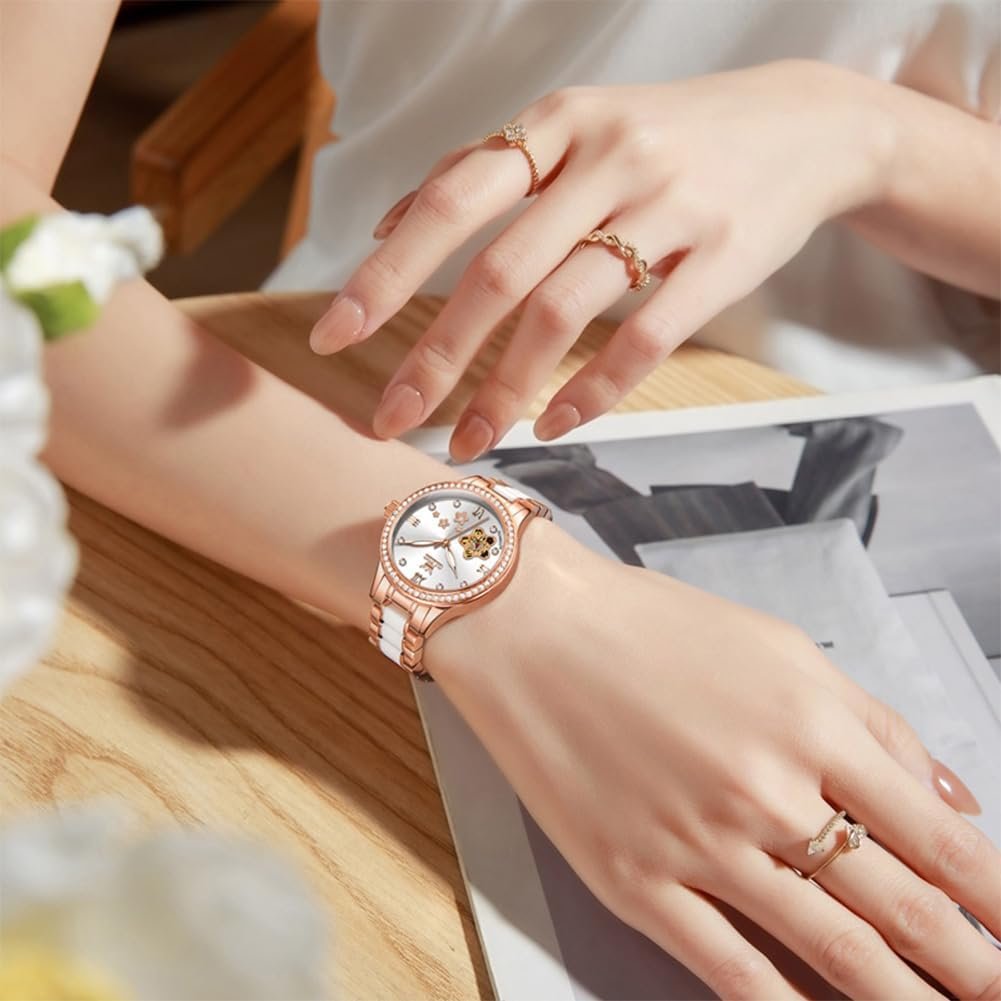 OLEVS Womens Watches Automatic Luxury Dress Ladies Watch Ceramic Strap Rose Gold Self Winding Female Wrist Watch - Image 9