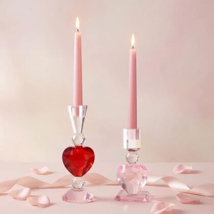 2 Pcs Heart Cut Glass Candle Holders Valentine's Day Decorative Candlestick Holders 6.7" 8.9" Tapered Candle Stand Wide Base Table Centerpiece Decor for Wedding Christmas Holiday Decoration