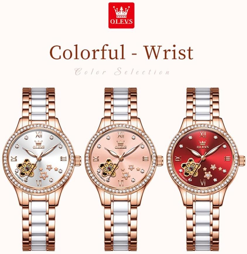 OLEVS Womens Watches Automatic Luxury Dress Ladies Watch Ceramic Strap Rose Gold Self Winding Female Wrist Watch - Image 5