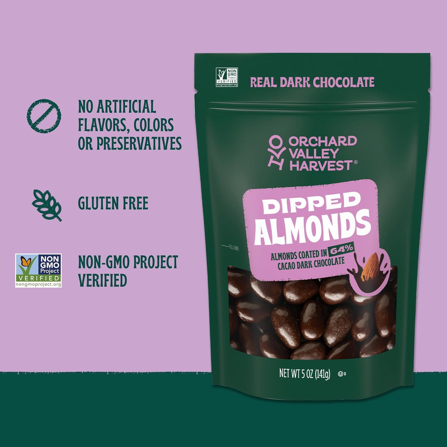 Orchard Valley Harvest Dark Chocolate Dipped Whole California Almonds 5 oz (Pack of 1), Gluten Free, Non-GMO, Stand Up Bag, No Artificial Colors, Flavors or Preservatives, On-The-Go Snack For The Whole Family - Image 6