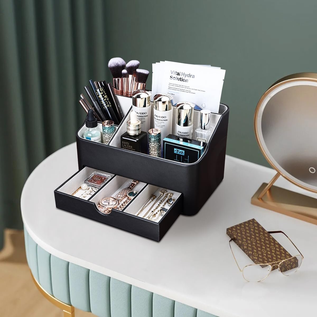 KINGFOM Desk Organizer with Drawer, Multifunction Pencil Holder for Desk, Desk Organizer and Accessories 5 Compartments for Home Office Supplies (Black) - Image 5