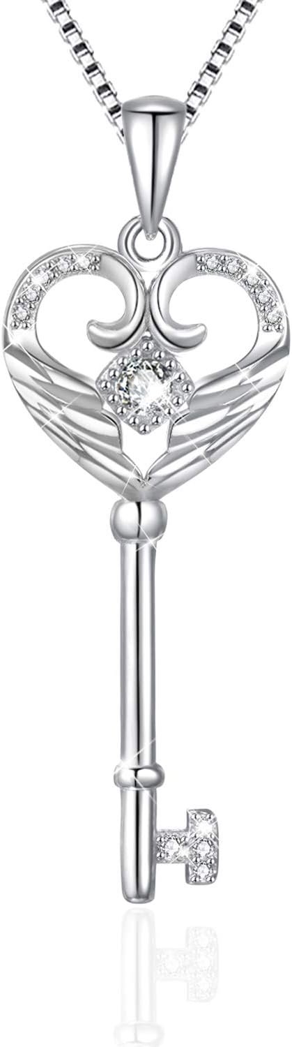 VANLAMS S925 Sterling Silver Angel Wings Necklace for Women, Love Heart Pendant with Butterfly Key - Birthday Gifts