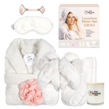 Birthday Gifts for Women, Bathrobe Set, Spa Robe and Slippers set with Scented Candle Self Care 7 Pack for Christmas Thanksgiven Valentine's Day Gift Unique for Her