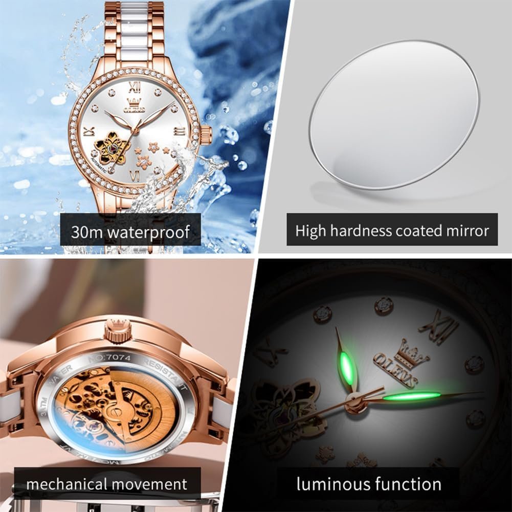 OLEVS Womens Watches Automatic Luxury Dress Ladies Watch Ceramic Strap Rose Gold Self Winding Female Wrist Watch - Image 4