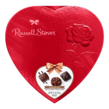 Russell Stover Valentine's Day Red Foil Heart - Assorted Milk and Dark Chocolate Candy - Perfect for That Special Someone - 9 Pieces