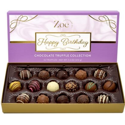 CRAVINGS BY ZOE Happy Birthday Chocolate Truffles Gift Box | 16 Count | Assorted Gourmet Milk & Dark Chocolate Candy Food Gift Basket | Birthday Gifts for Women & Men Mom Dad Kid Him Her Adult Family