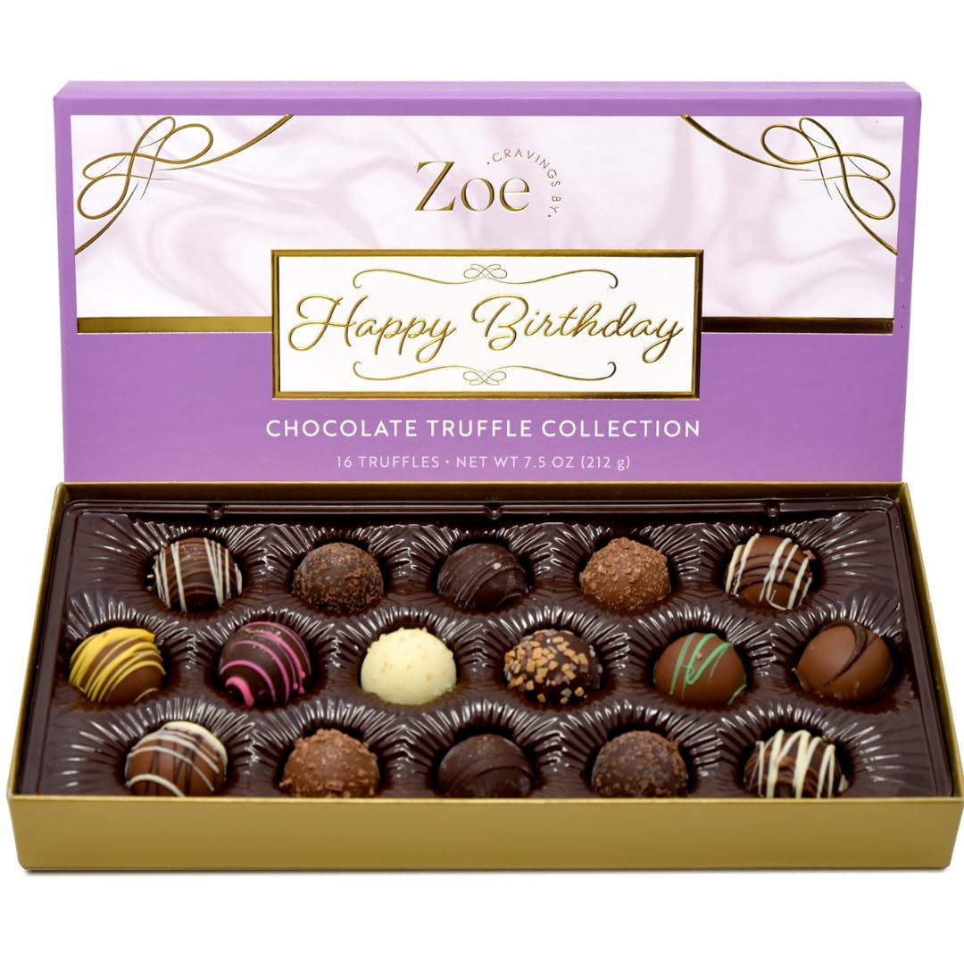 CRAVINGS BY ZOE Happy Birthday Chocolate Truffles Gift Box | 16 Count | Assorted Gourmet Milk & Dark Chocolate Candy Food Gift Basket | Birthday Gifts for Women & Men Mom Dad Kid Him Her Adult Family