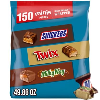 Snickers, Twix & Milky Way Minis Assorted Chocolate Candy Variety Pack, Candy Bag, 150 Ct Bulk Bag (2.93 Pounds)