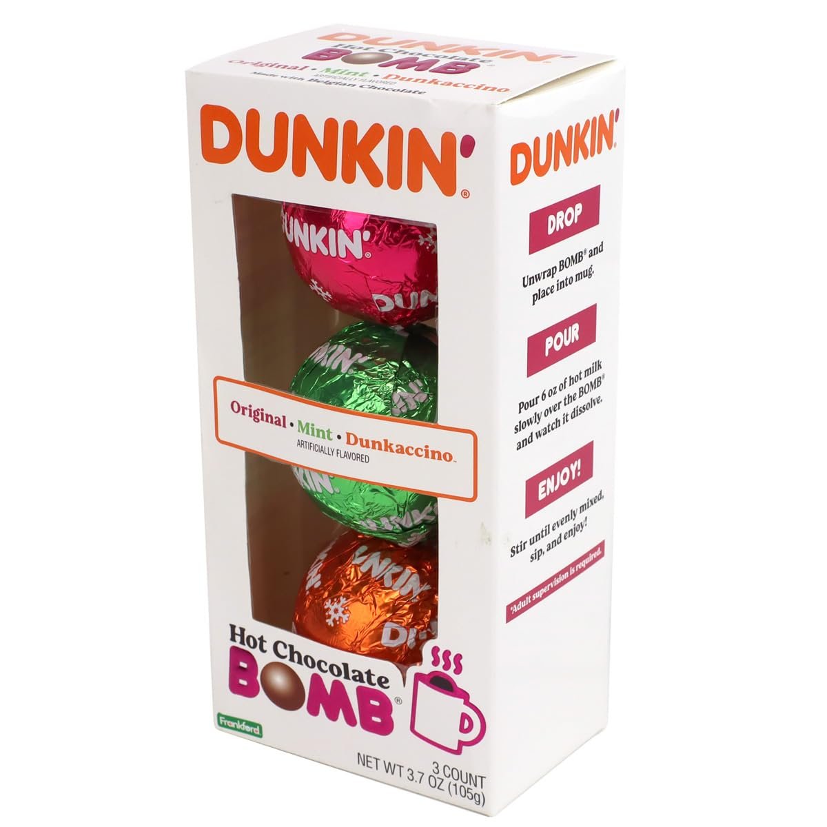 Dunkin' Hot Chocolate BOMB Gift Set, 3 Flavors: Original, Mint, Dunkaccino, 3.7 oz, Cocoa Stocking Stuffer - Image 5