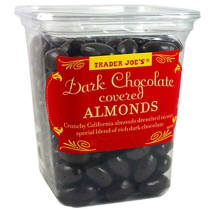 Trader Joe's Dark Chocolate Almonds Crunchy California Almonds Drenched in Rich Dark Chocolate No Gluten Ingedients...