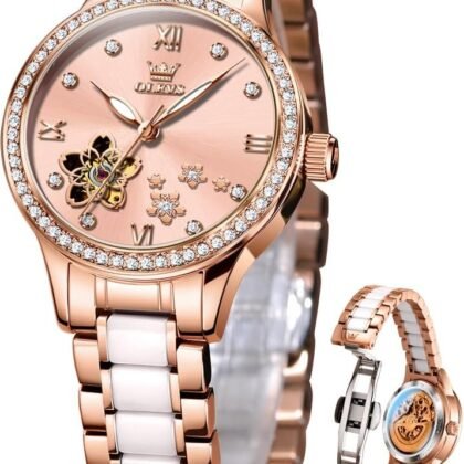OLEVS Womens Watches Automatic Luxury Dress Ladies Watch Ceramic Strap Rose Gold Self Winding Female Wrist Watch