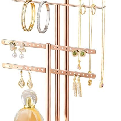 pickpiff Rose Gold Jewelry Stand Holder Organizer: 14.5" Sturdy Hanger for 80 Pcs Jewelry, Jewlery Tower for Display Necklace, Earring, Bracelet, Watch