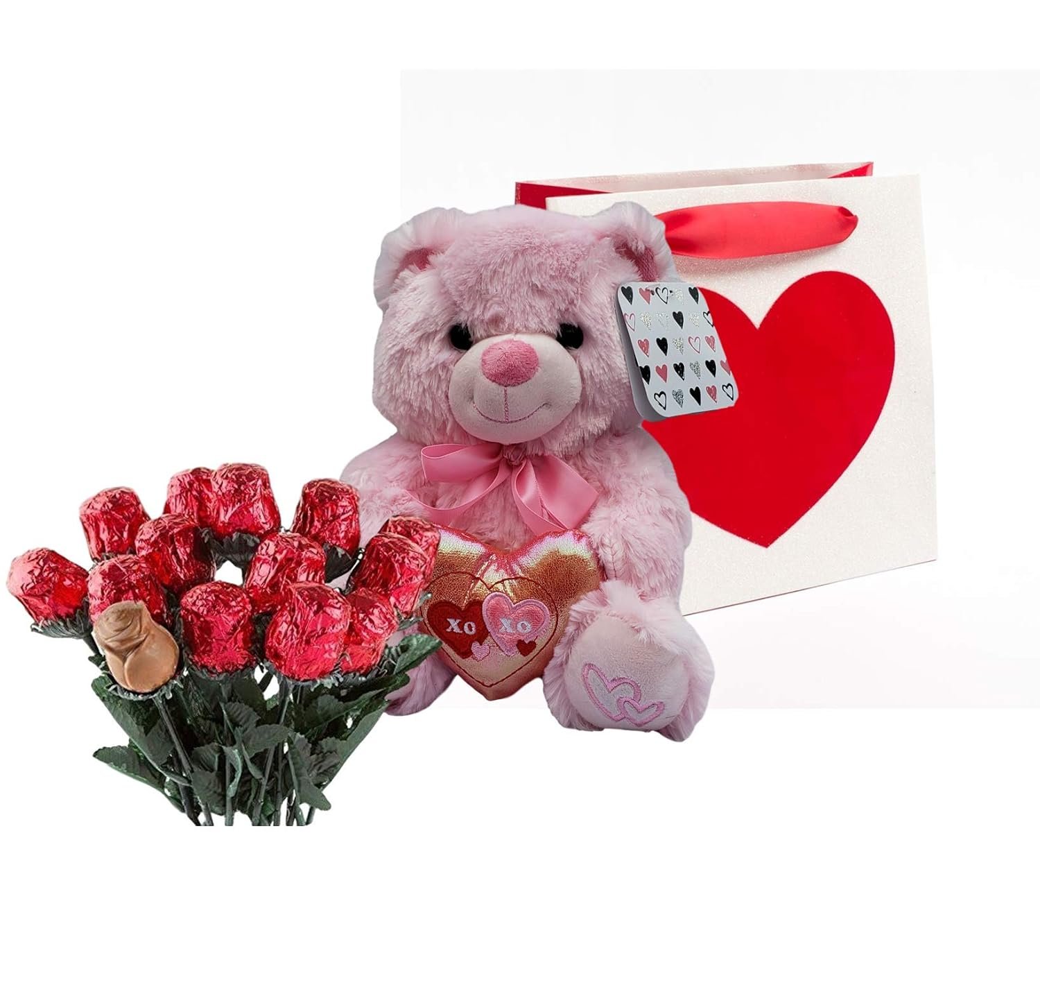 Valentines Day Gift Basket | 10 Inches Teddy Bear Plush (Color May Vary), Valentine Theme Gift Bag & A dozen Belgian Milk Chocolate Roses Bouquet 2.11 ounce | For Her Wife Girlfriend Mother Daughter - Image 2