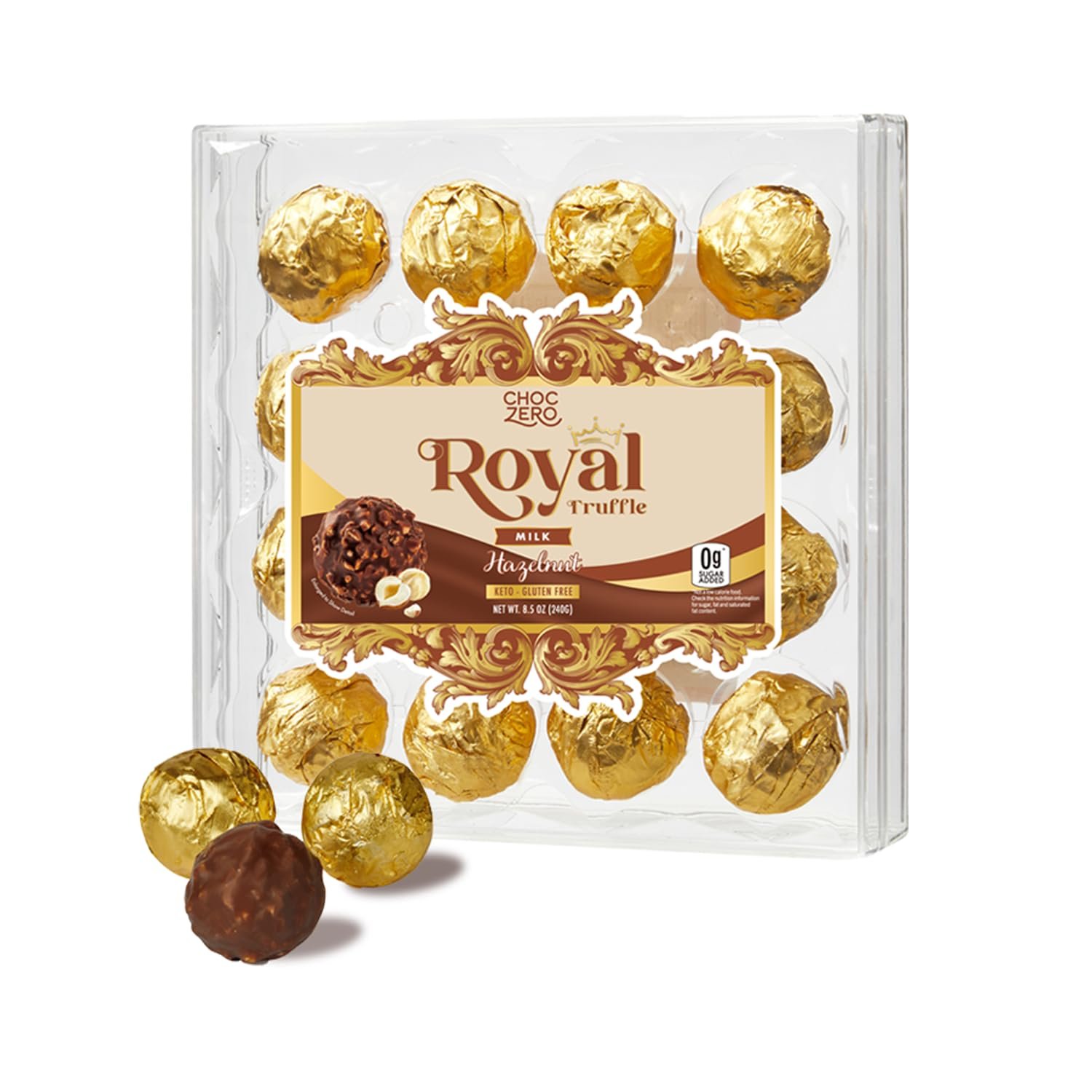 ChocZero Milk Chocolate Hazelnut Truffles, Zero Added Sugar, Gluten Free, Keto Holiday Gift, High Fiber, 16 Individually Wrapped Pieces, 8.5 Ounce (Pack of 1)