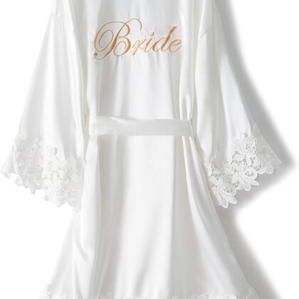 Crystal Dew Women's Lace Trim Bride Kimono Robes with Embroidery Bridal Silky Satin Bathrobe Wedding Party Sleepwear