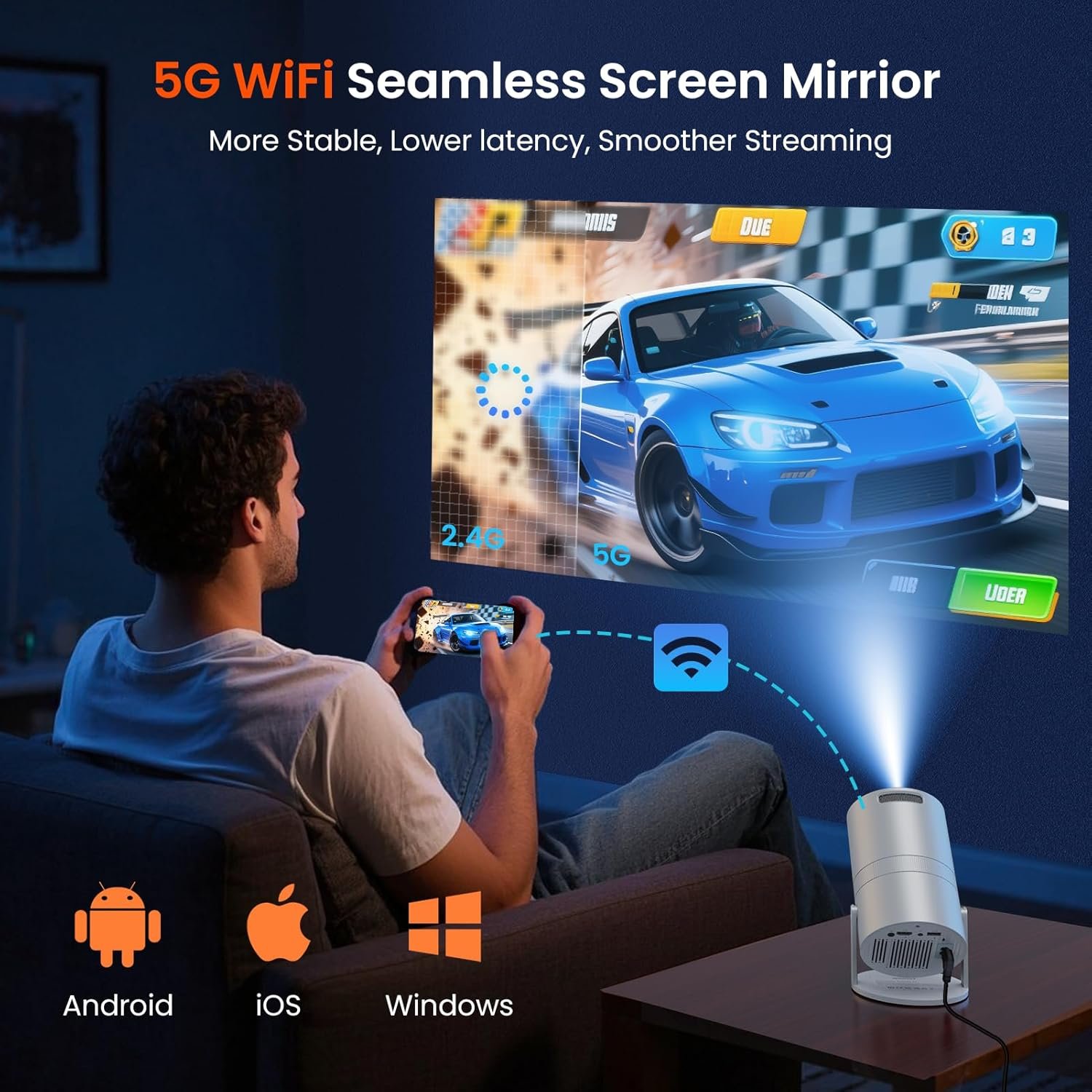 Mini Projector with WiFi and Bluetooth, Portable Movie Projector with 180° Rotatable, 1080P HD Supported, Auto Vertical Keystone, Compatible with Smartphone, TV Stick, Laptop, HDMI, USB - Image 2