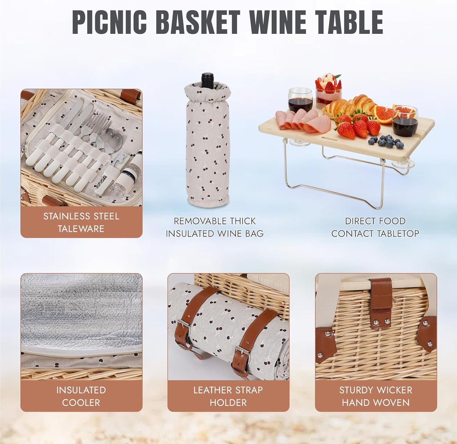HappyPicnic Picnic Basket for 2, Handmade Wicker Picnic Set with Folding Table and Waterproof Blanket, Large Insulated Picnic Basket with Wine Bag & Cutlery Kit for Picnic, Camping, Holidays (Flower) - Image 5