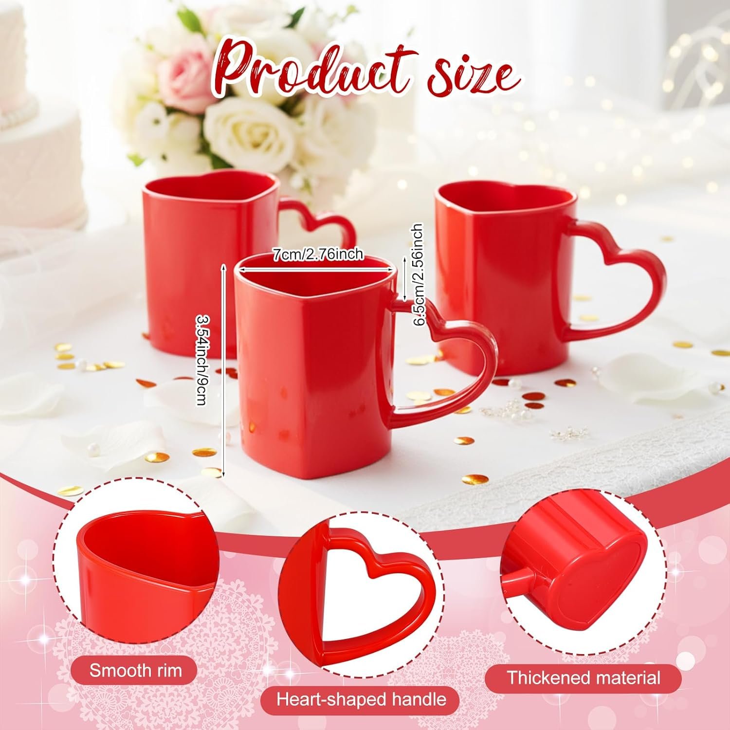 Baderke 12 Pcs Valentine's Day Heart Shaped Mugs with Handles 7.8 oz Reusable Pink Red Love Heart Plastic Drinking Cups for Birthday Wedding Anniversary Party Supplies(Red) - Image 2