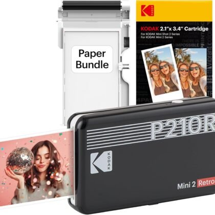 KODAK Mini 2 Retro 4PASS Portable Photo Printer, 2.1x3.4 inches, Instant Picture Printer for iPhone and Android, Photo Printer Gift, 38 Sheets Bundle, Black