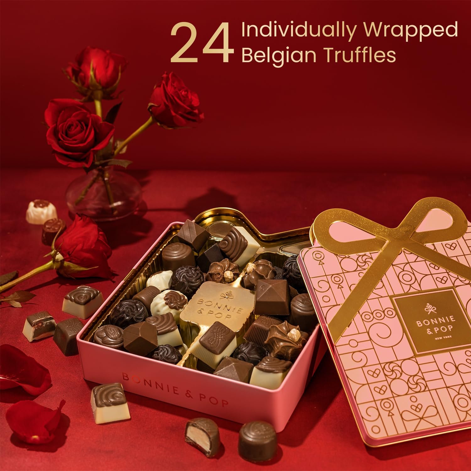 Valentines Day Chocolate Gift Basket, Candy Food Snack Gifts Bow Tin Box, Present for Her, Women, Valentine, Wife, Girlfriend, Assorted Gourmet Belgian Truffles- Pink- Bonnie & Pop - Image 4