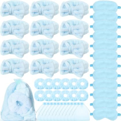 Mimorou 48 Pieces Galentine Spa Party Supplies 12 Spa Headband 12 Plush Sleep Eye Mask 12 Velvet Scrunchies 12 Organza Bags for Sleepover Slumber Party Favors Valentine Gift(Blue)