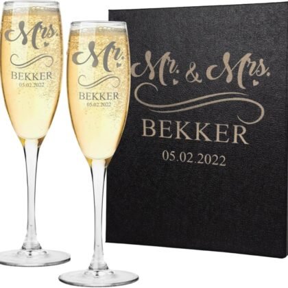 Gifts Inscribed Personalized Champagne Glasses Set of 2 – Engraved Mr and Mrs Champagne Flutes – Custom Stemmed Glassware Gift for Wedding, Engagement, Anniversary, Bridal Party