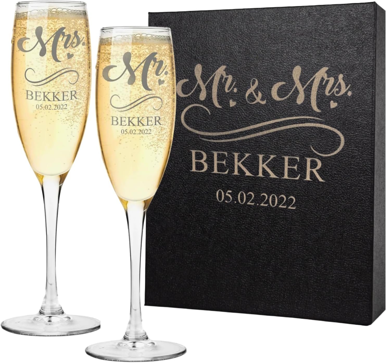 Gifts Inscribed Personalized Champagne Glasses Set of 2 – Engraved Mr and Mrs Champagne Flutes – Custom Stemmed Glassware Gift for Wedding, Engagement, Anniversary, Bridal Party