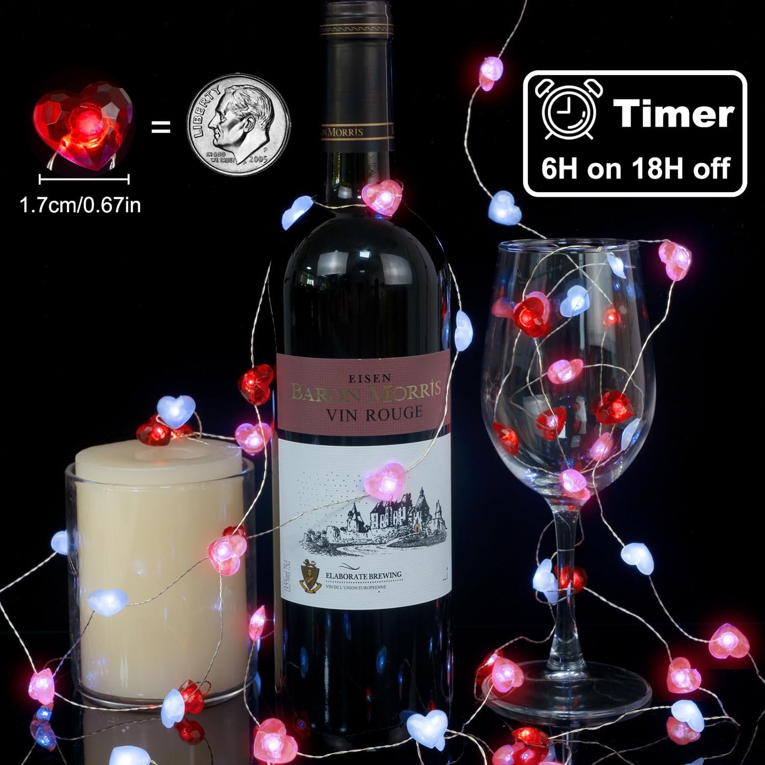 Valentine Day Decorations 13 ft 40 LEDs Red White Pink Heart Shaped Twinkle Fairy String Lights Battery Operated for Kids Wedding Indoor Outdoor Party Valentine's Day Mother's Day Decor with Timer - Image 3