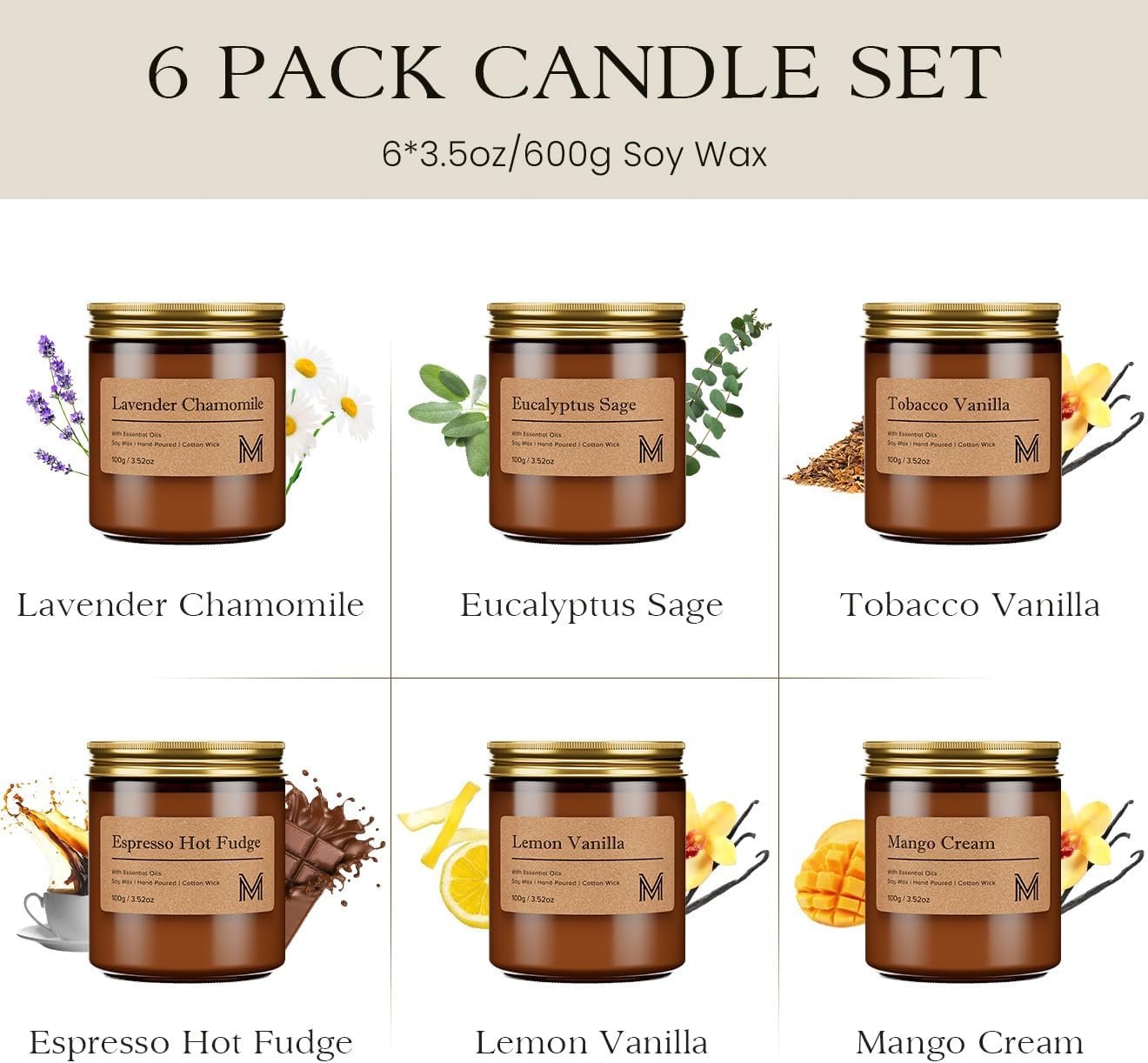 M&SENSE 6 Pack Christmas Candle Gift Set, Aromatherapy Candle Gift for Men and Women, Soy Wax Candles Home Scented, Long Lasting Amber Jar Xmas Candles for Christmas, Thanksgiving, Holiday - Image 2