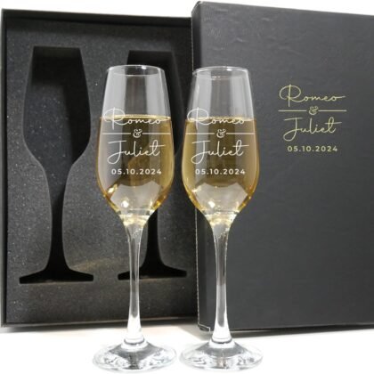 Personalized Champagne Flutes - Set of 2 - Custom Wedding Glasses - Bride & Groom Wedding Gifts for Mr & Mrs - Engagement, Bridal Shower, Anniversary, Gift for Couple - Valentines Day Gift - 6 Designs