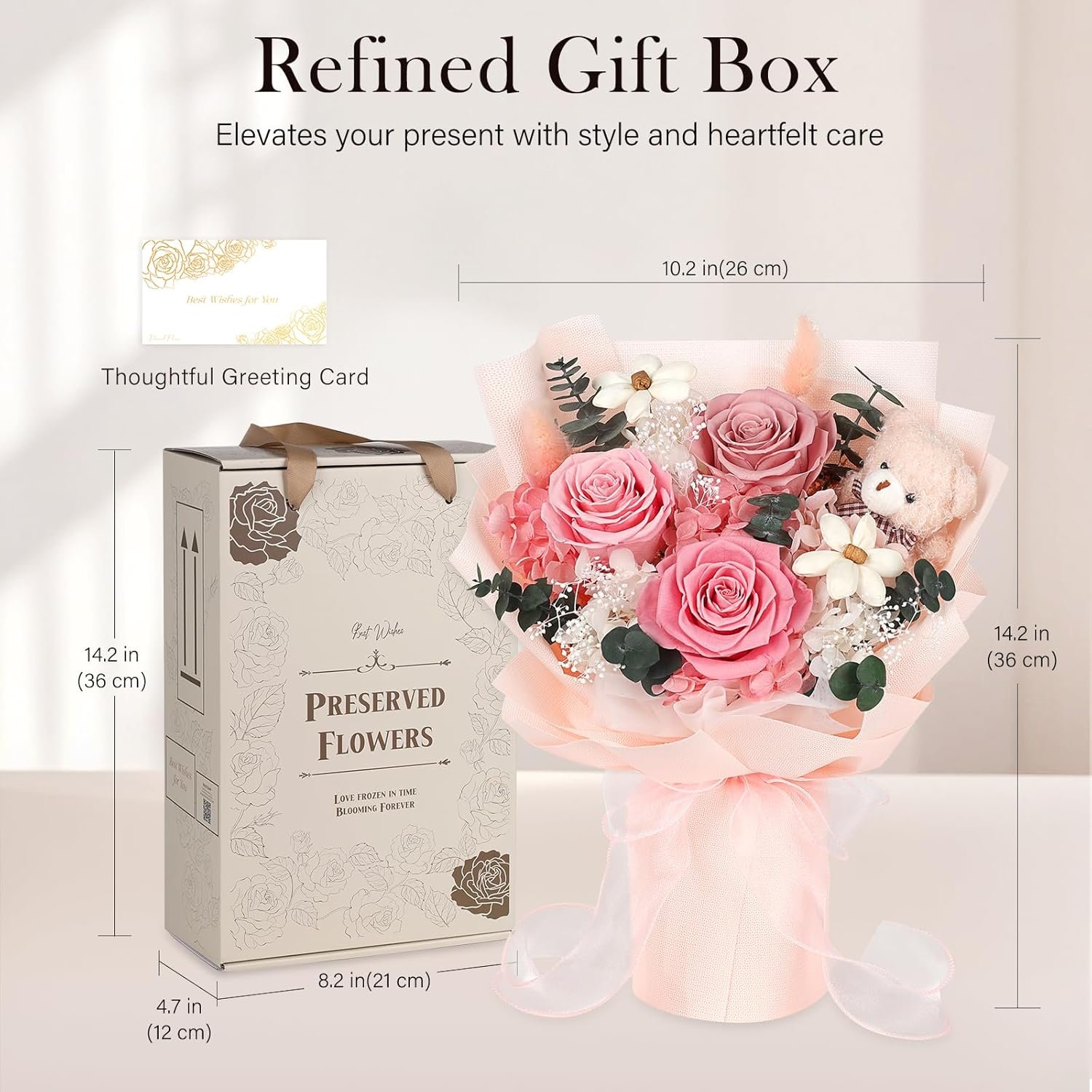 Preserved Flowers Bouquet with Bear, 3 Real Forever Flowers for Delivery, Long-Lasting Pink Eteranl Roses Bouquet, Anniversary Birthday Valentine Gifts for Women Mom Grandma Her Wife Girlfriend - Image 7