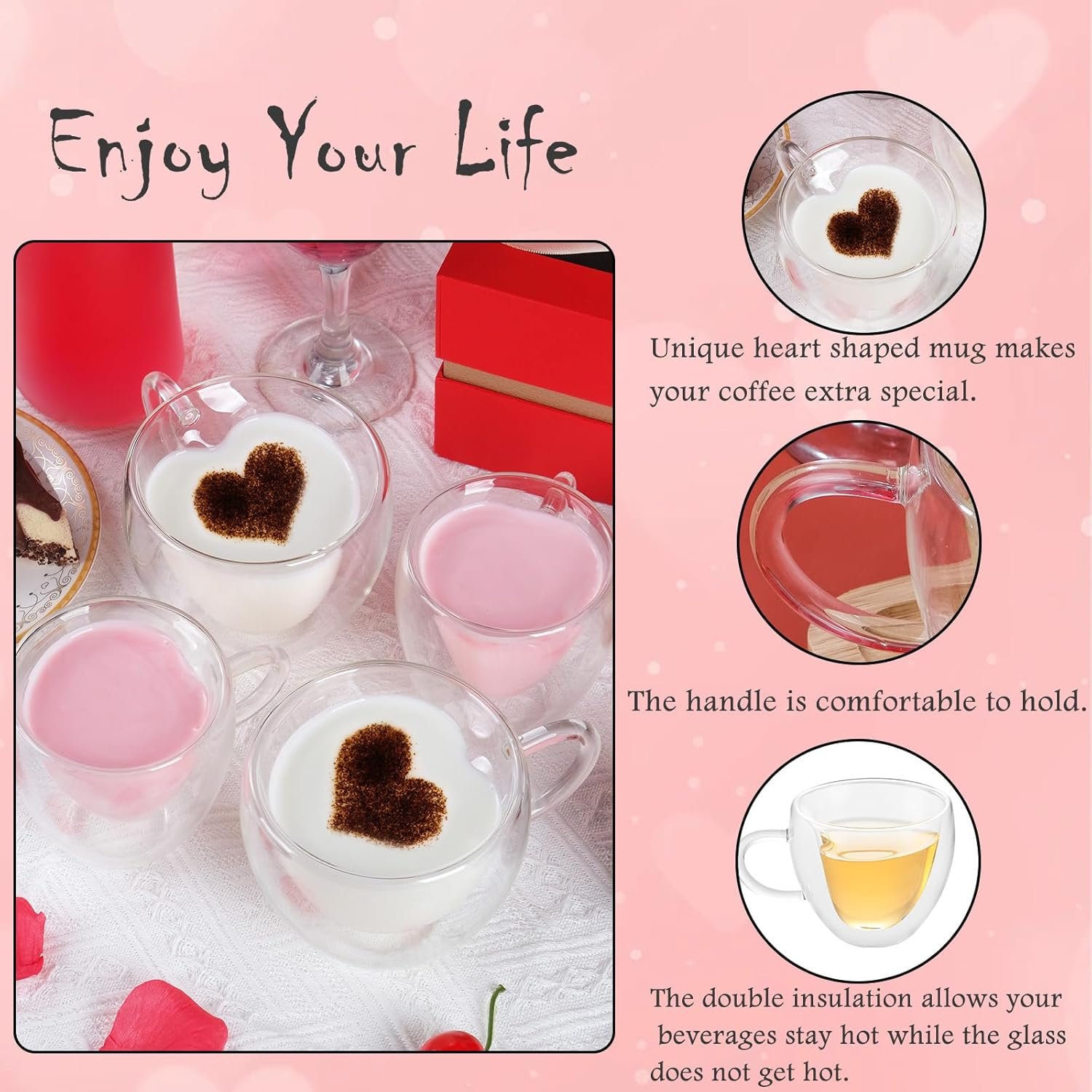 WHJY Double Wall Glass Coffee Mugs,Clear Coffee Cups Clear Unique Coffee Cups Heart Shaped Mug 5 oz Espresso Cups Heart Mugs Set of 2 - Image 3