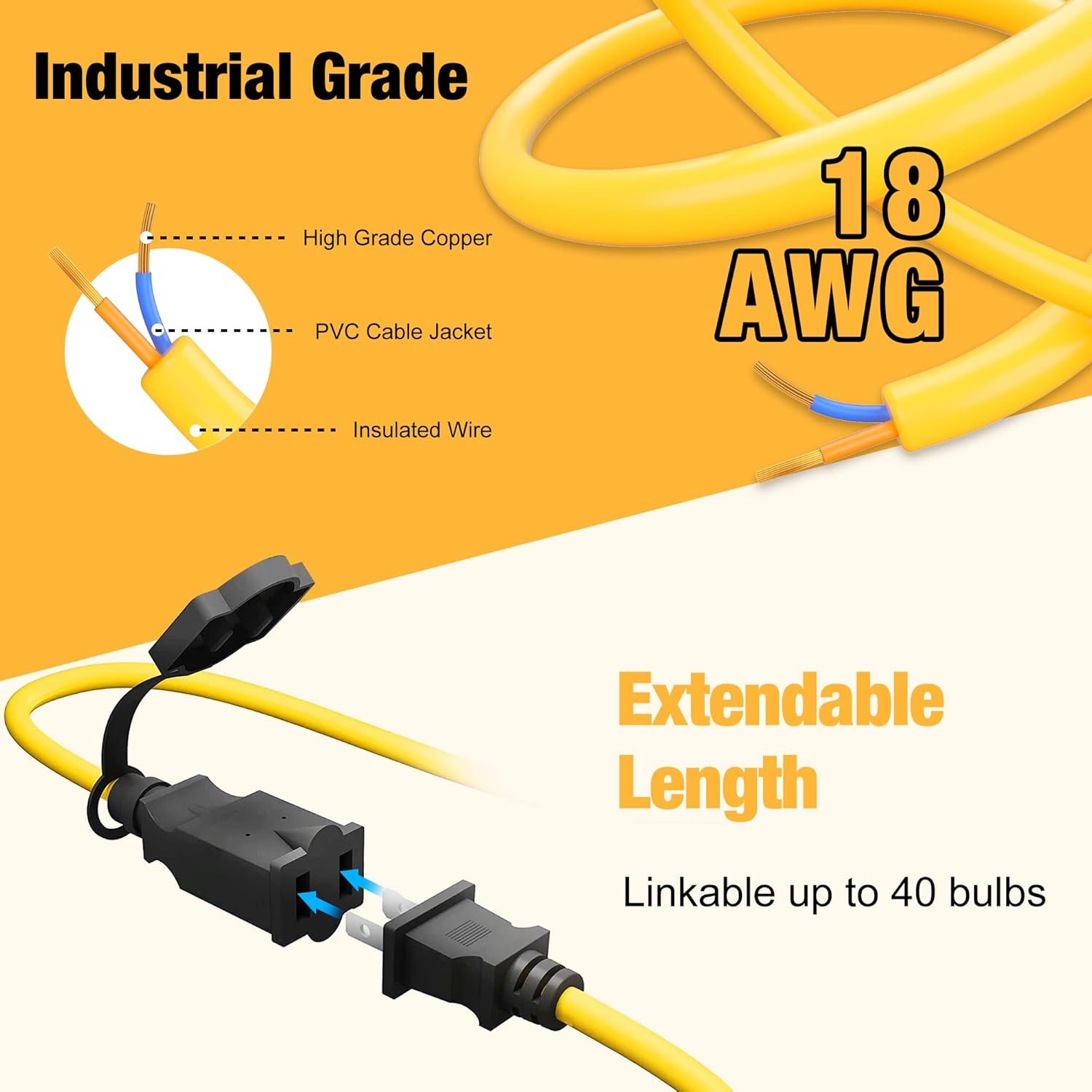 100FT Construction String Lights, IP65 Waterproof ETL Certified LED String Work Lights, 5000K Daylight 18AWG Wire Linkable Temporary Construction Lighting for Jobsite with 10 Bulbs & Hooks - Image 6