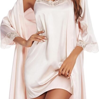Ekouaer Sleepwear Women's Satin Nightgown with Robes Set 2 Piece Sexy Lace Cami Nightwear