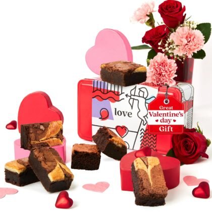 David’s Cookies Valentine’s Day Cheesecake Brownies – Chocolate Brownie Dessert Gift, Gourmet Sweets in Sampler Tin with Love Sleeve