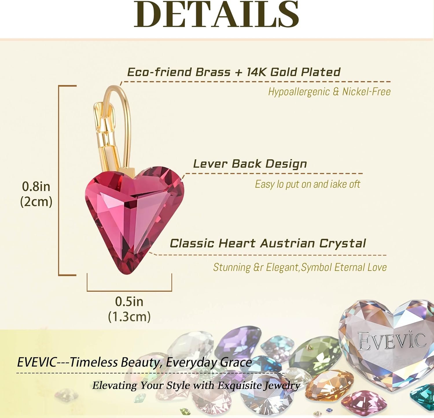 Trendy Austrian Crystal Heart Drop Leverback Earrings for Women 14K Rose Gold Plated Hypoallergenic Jewelry Gifts - Image 6