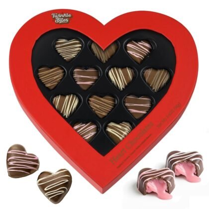 Valentine’s Day Heart Chocolate Gift Box – 12 Heart-Shaped Milk Chocolates, 3 Flavors, Raspberry, Caramel & Hazelnut, Premium Assorted Chocolate Candy in Red Heart Box – Sweet Treat For Wife, Mom, Spouse, Couples (12 Pack)
