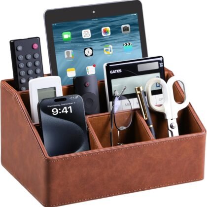 PU Leather Desk Organizer, Luxury Remote Control Holder for Home, Office Desk Accessories Table Caddy Bedside Nightstand Organizer (Brown)